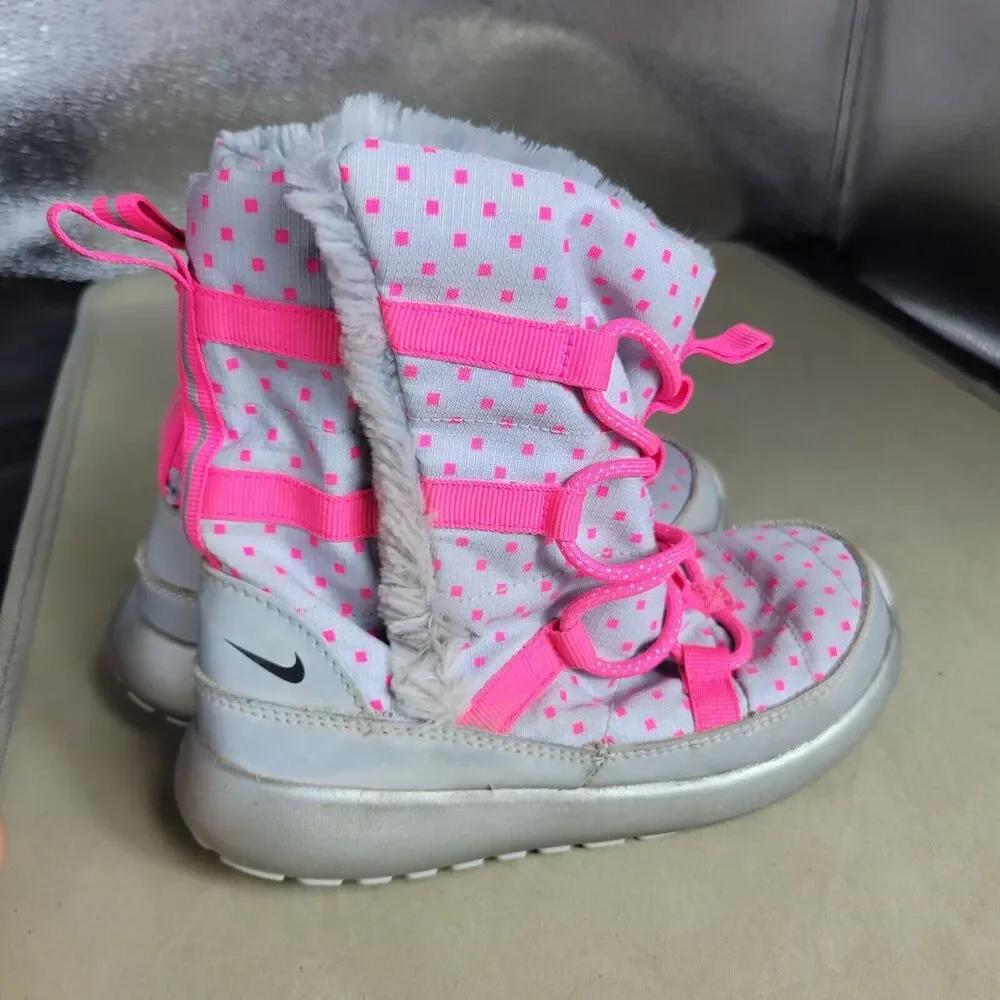 Nike Rosherun Hi Sneakerboot Girls 12 Silver Pink Comfy‎ Faux Leather Snow Boots